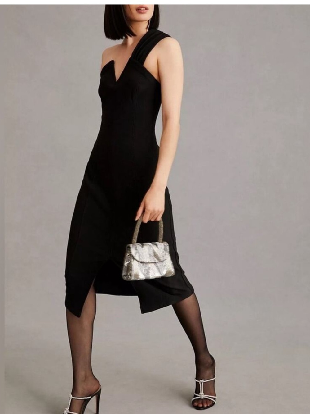 Anthropologie Maeve
Women's Slim One Shoulder Black Stretch Knit Midi Dress